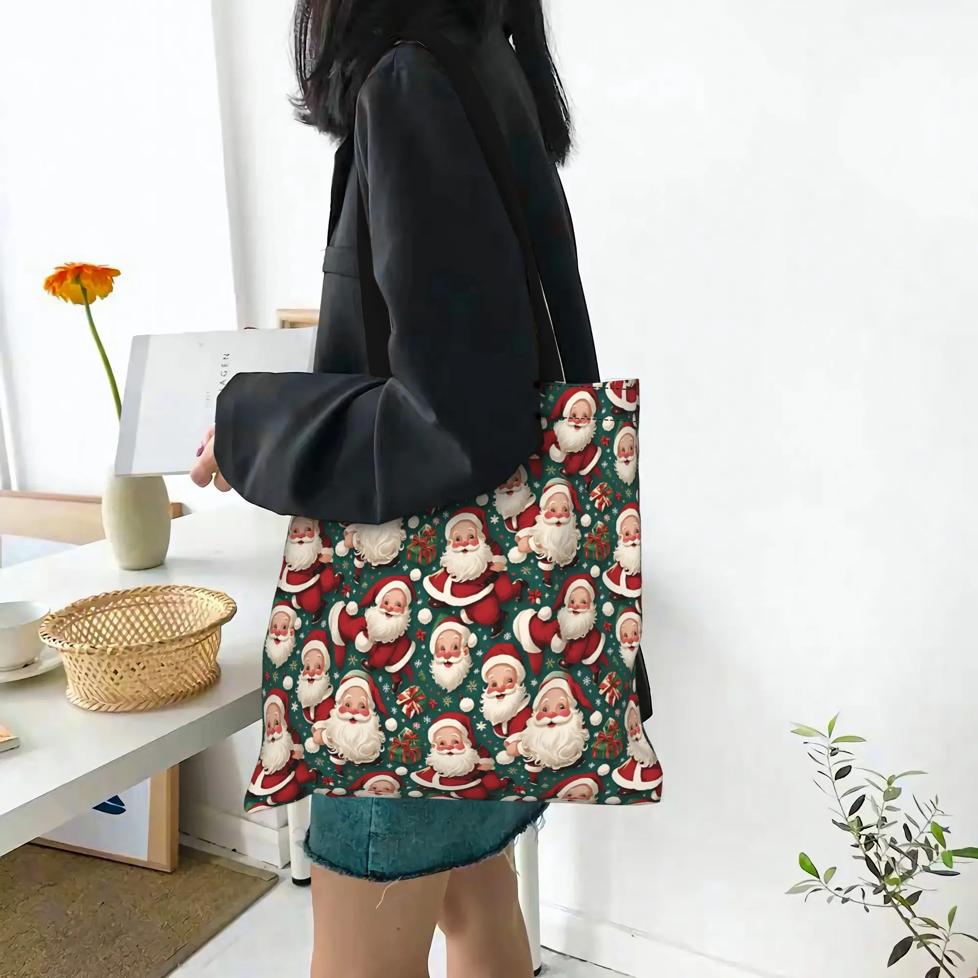 Customized Christmas Design Pattern Women's Bag Shopping Bag Reusable Double Sided Canvas Tote Bag Shoulder  Handbag