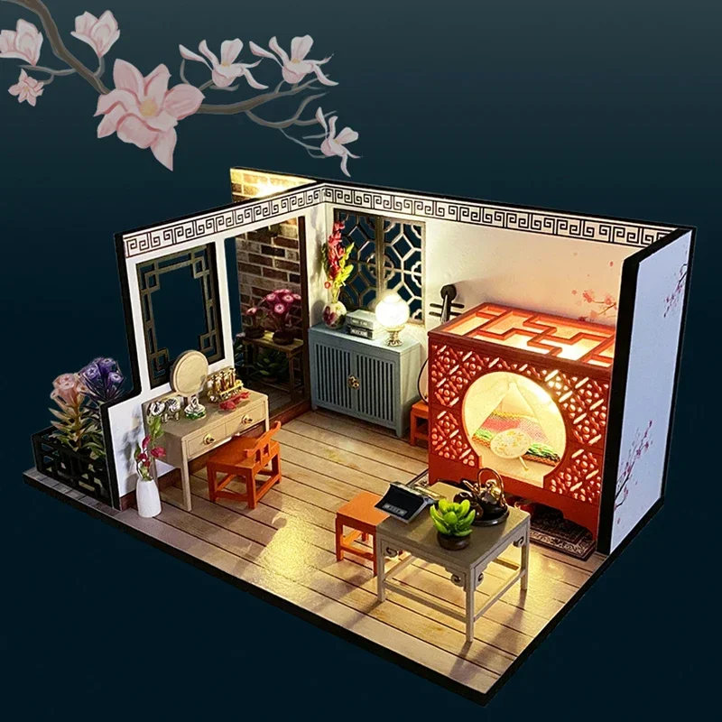 

Chinese Loft Villa Assembled Dollhouse DIY Wooden Casa Doll House Miniature Building Kits for Adults Handmade Xmas Gifts