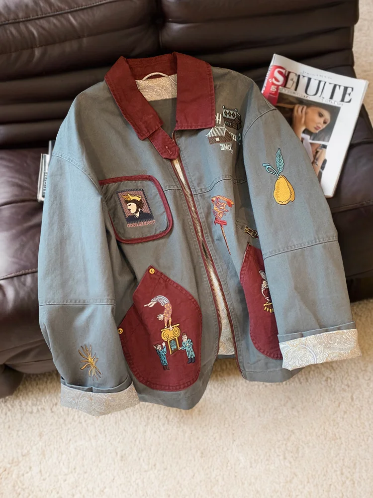 

Ретро контрастного цвета с мультяшной вышивкой Jaet свободный воротник для мужчин и женщин весна осень модный повседневный топ