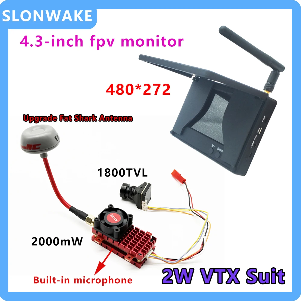 

SLONWAKE FPV 5.8G 2W VTX Suit bulit-in microphone 1800TVL camera 19*19mm 4.3-inch fpv monitor 480*272 for RC Drone