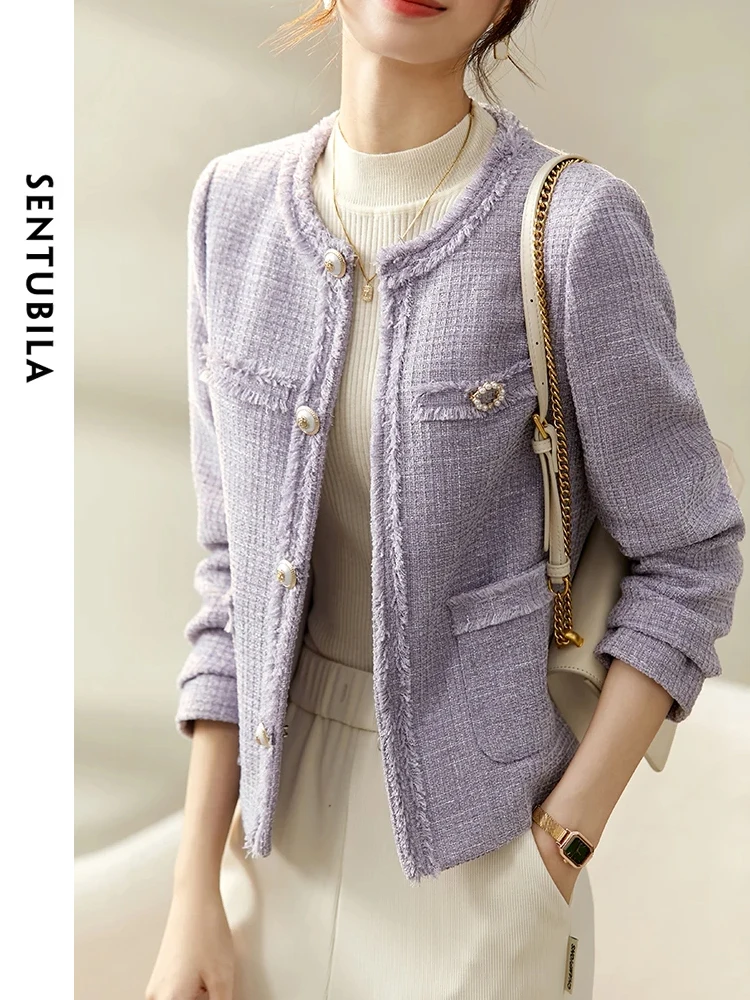 

SENTUBILA Women Textured Tweed Jackets 2025 Spring Elegant Fashion Office Ladies Vintage Short Coats Female Outerwear 123W44389