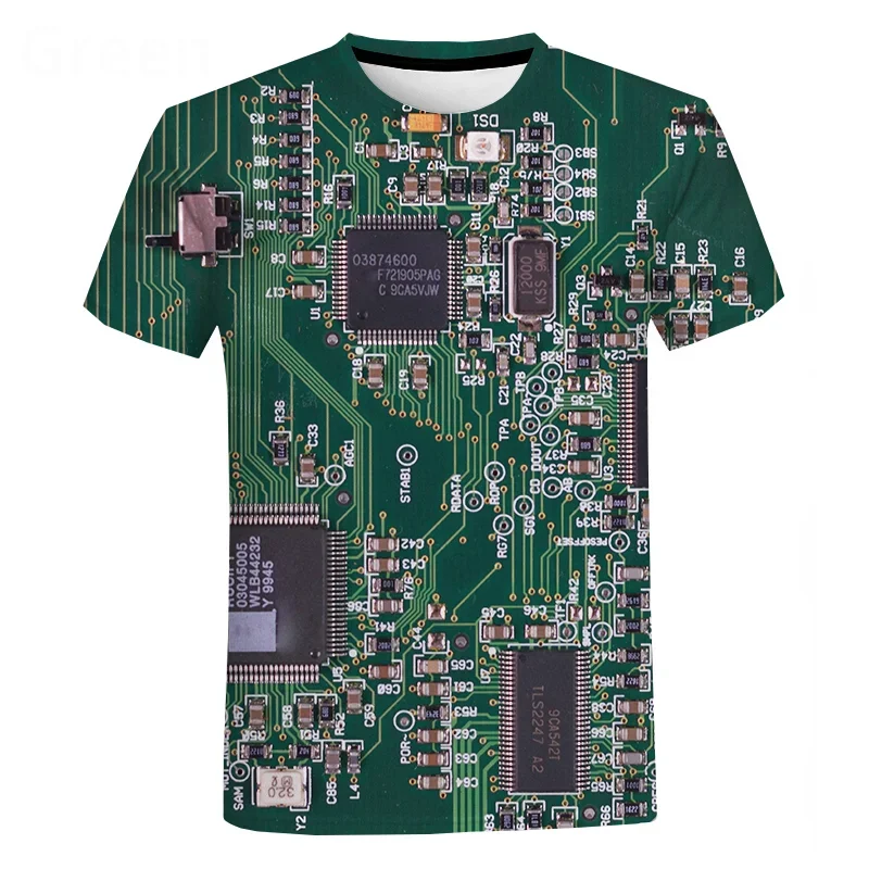 Men's T-Shirt Casual Street Fashion Men's Clothing Oversized T-Shirt Top Circuit Board Electronic Chip Short Sleeve