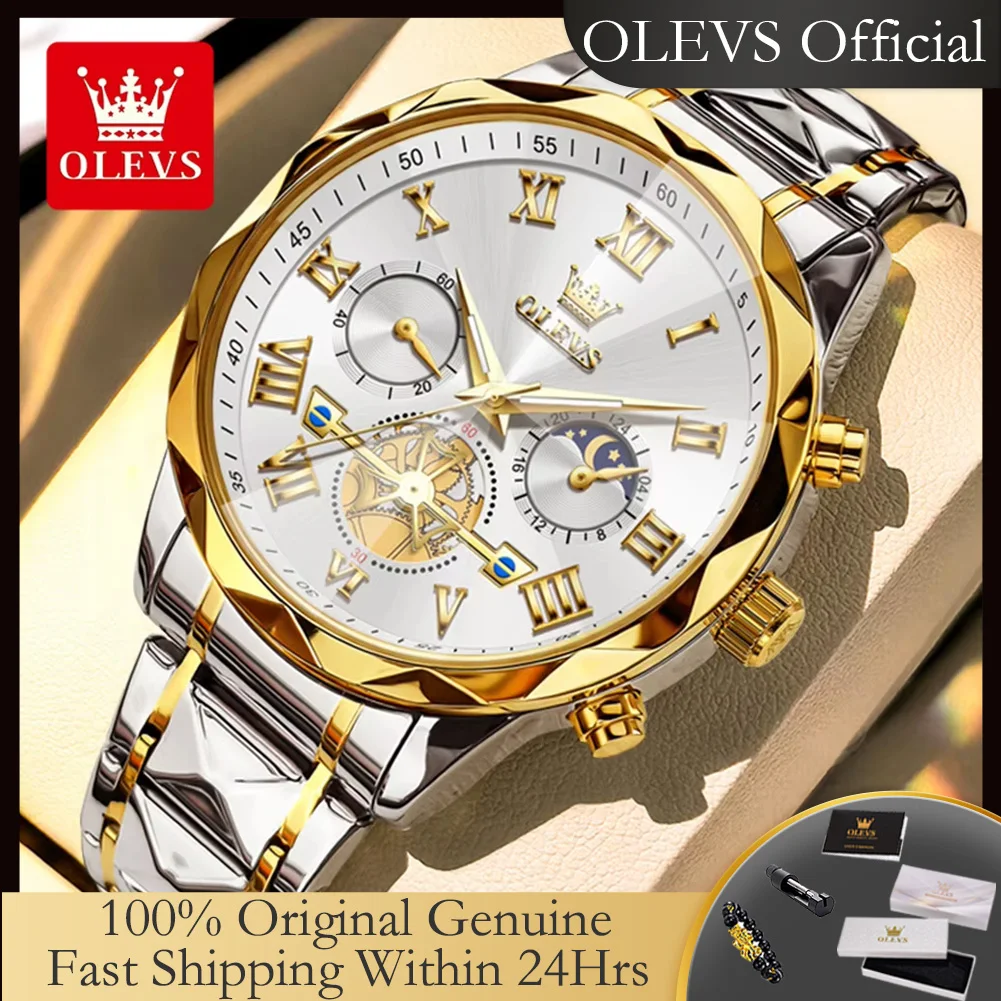 OLEVS 2709 Luxury Man Watch Solid Steel Strap Trendy Rhombus Mirror Skeleton Flywheel Design Moon Phase Chronograph Quartz Watch