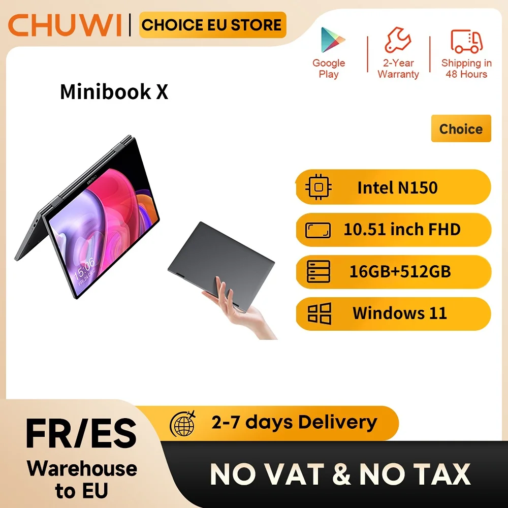 CHUWI MiniBook X N150 Laptop 10,51 pulgadas 16GB RAM 512GB SSD Modo Yoga 2 en 1 Intel Windows 11 Notebook 360 °   WiFi 6 abatible