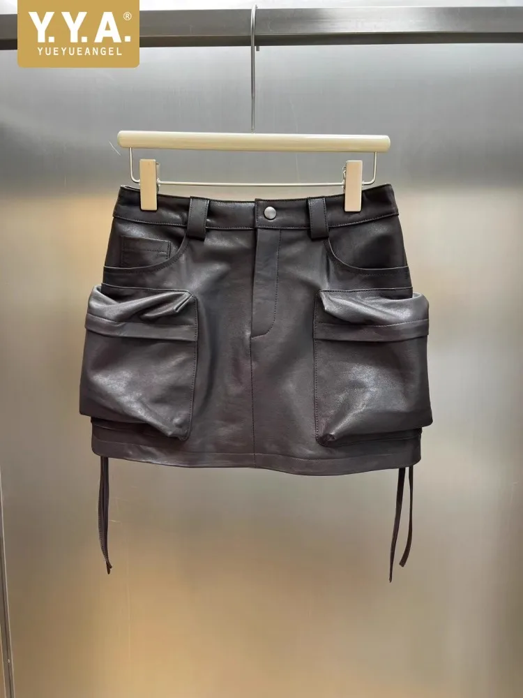 

Hot Sale Autumn Fashion Lady Sexy Drop Waist Genuine Leather Skirts Pocket Natural Sheepskin Slim Fit Above Knee Mini Wrap Skirt