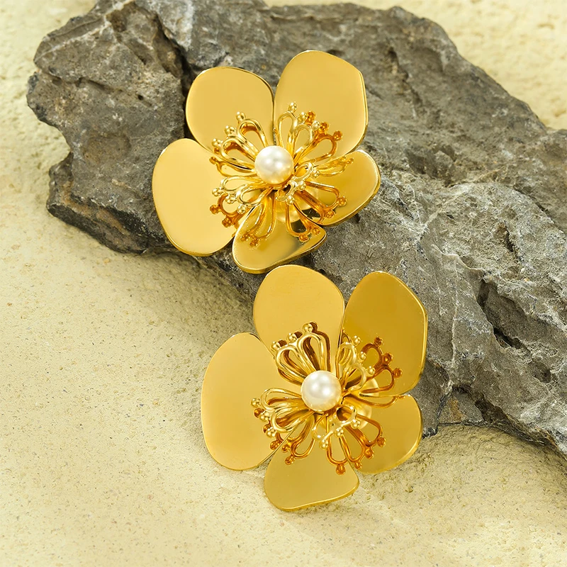 PRISCA | Big Metal Flower Earrings for Women.and Girl. Stainless Steel. Party Charms Jewelry. Fashion 2024