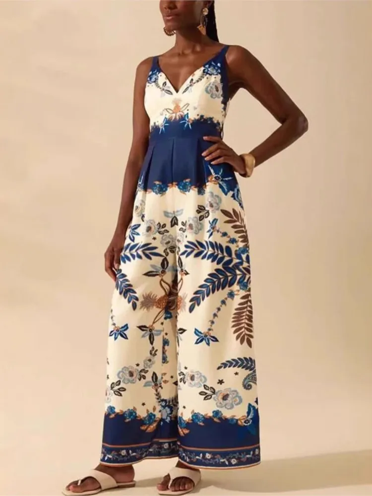 Tuta da vacanza a gamba larga con bretelle casual stampata stile bohémien Tuta estiva da donna elegante senza maniche per pendolarismo