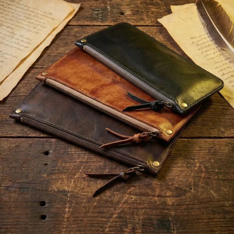 New Genuine Leather Zipper Wallet for Men & Women, Vintage Cowhide Slim Card & Coin Purse, Men Large Capacity Thin Bifold Wallet