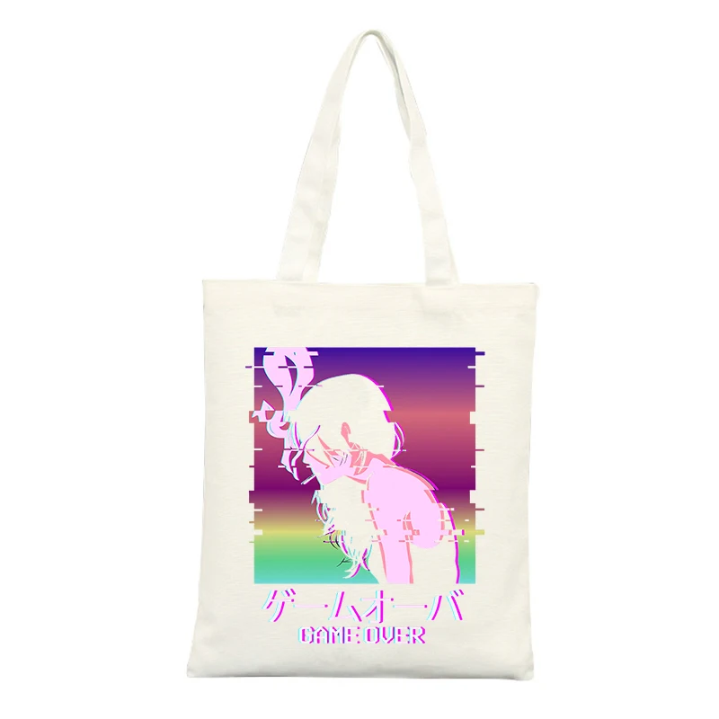 Abstract Anime-style Canvas Tote Bag with Glitch Art Design, Ideal for Casual Outings and Daily Use