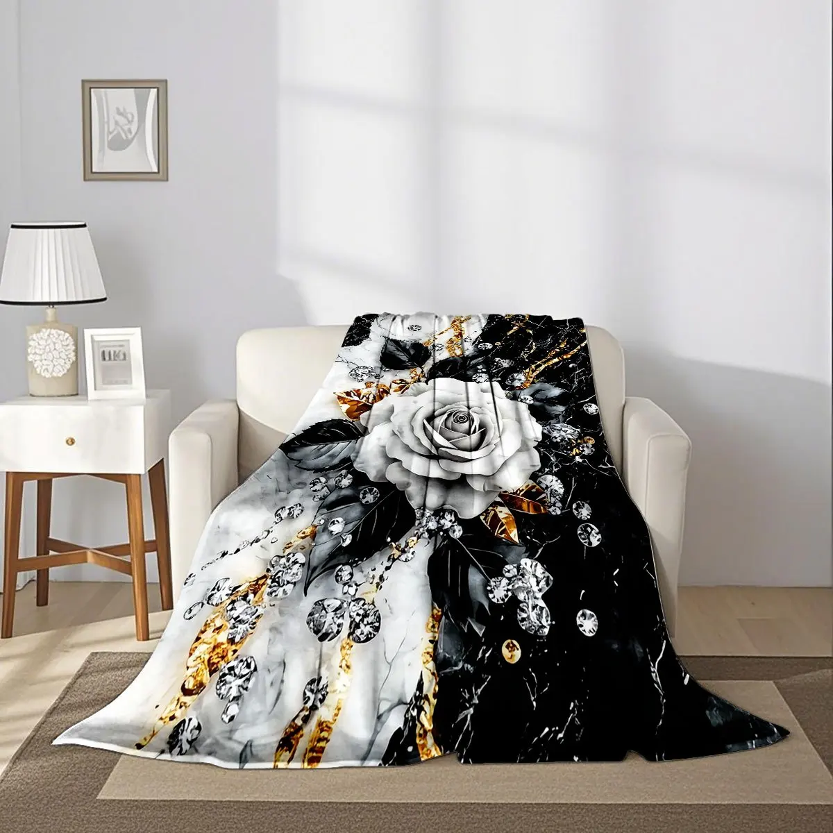 Marble White Rose Diamond Gold Foil Art Print Flannel Blanket Fashion Sofa Bedroom Warm Throw Blanket For Home Leisure Camping