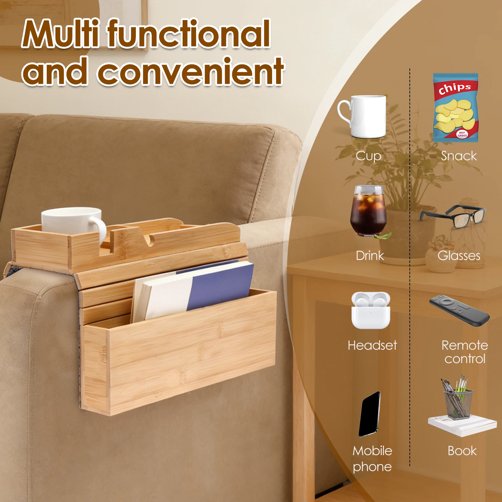 Bamboo Couch Cup Holder Anti-Slip Sofa Armrest Tray Foldable Couch Arm Table for Drink Snack Cellphone TV Remote Control - view 4