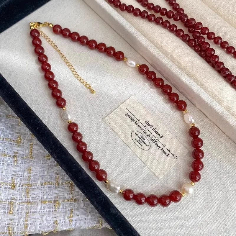 100 % natürliche Süßwasserperle und roter Achatstein, 14 Karat Gold gefüllt, weibliche Perlen, Kette, Halskette, Schmuck für Frauen, Geburtstagsgeschenke – Detail 5