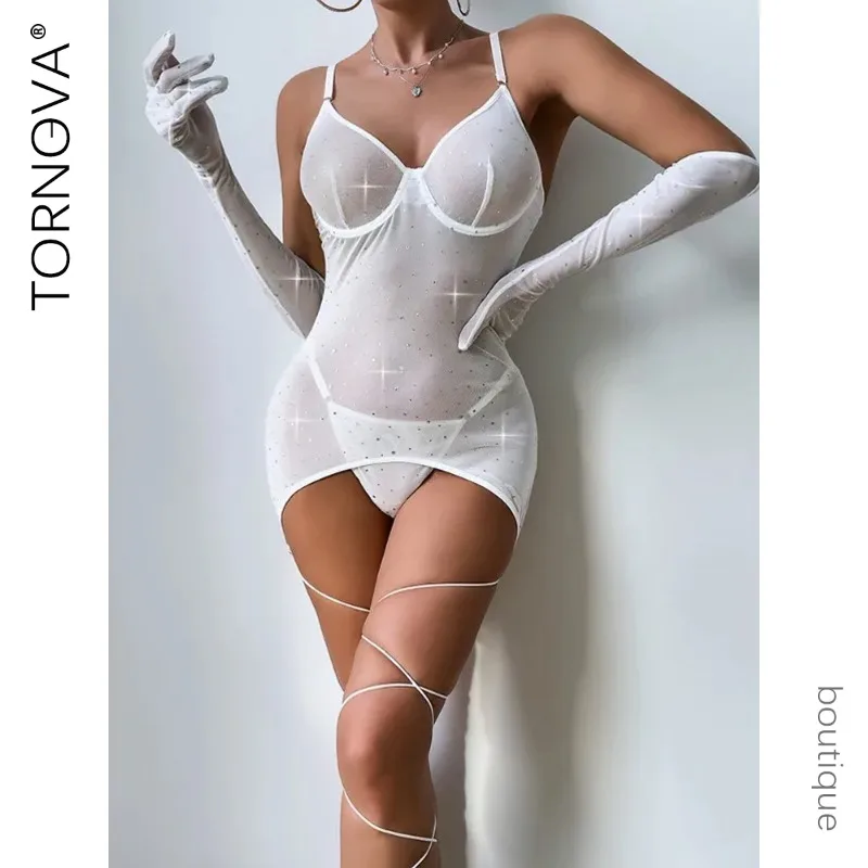 

Tornova Sexy Female Lingerie See-through Jumpsuit Women Solid Color Shiny Hollow Suspender Bodysuit Sexy Gloves Underwear Set