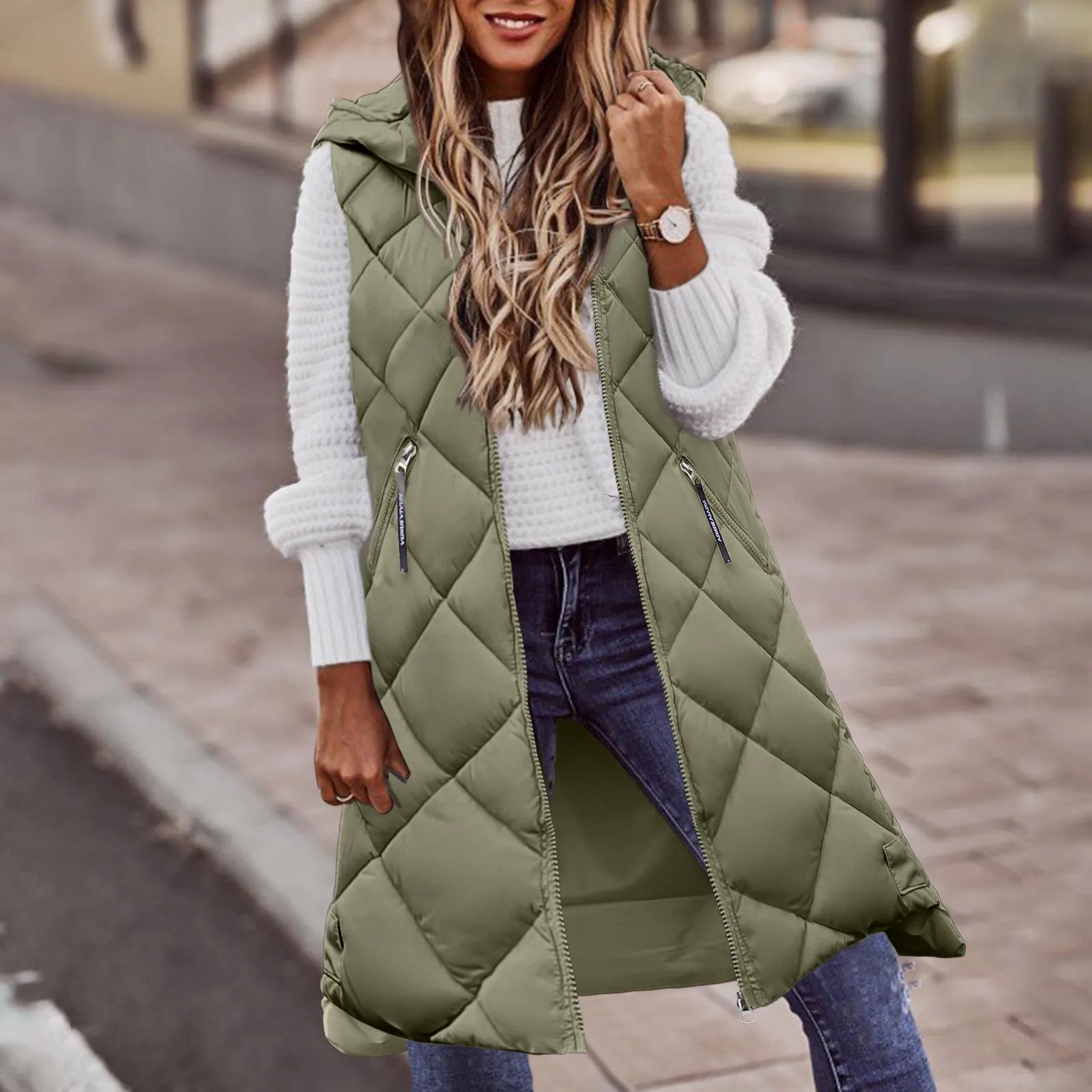 Casaco feminino sem mangas com capuz com bolsos, colete quente, casaco de argyle, casaco longo, inverno