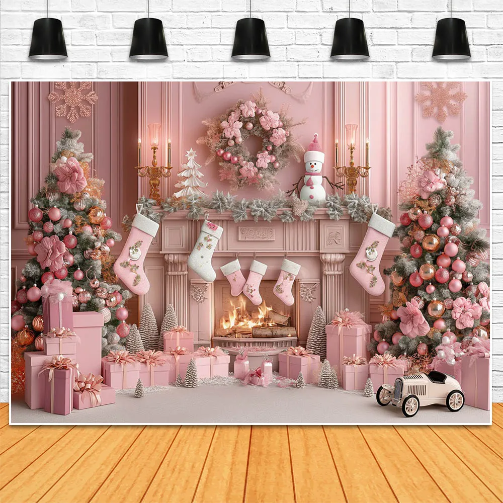 Mocsicka Christmas Pink Vintage Wall Backdrop for Photography Fireplace Xmas Tree Wreath Gift Box Girl Princess Photo Background