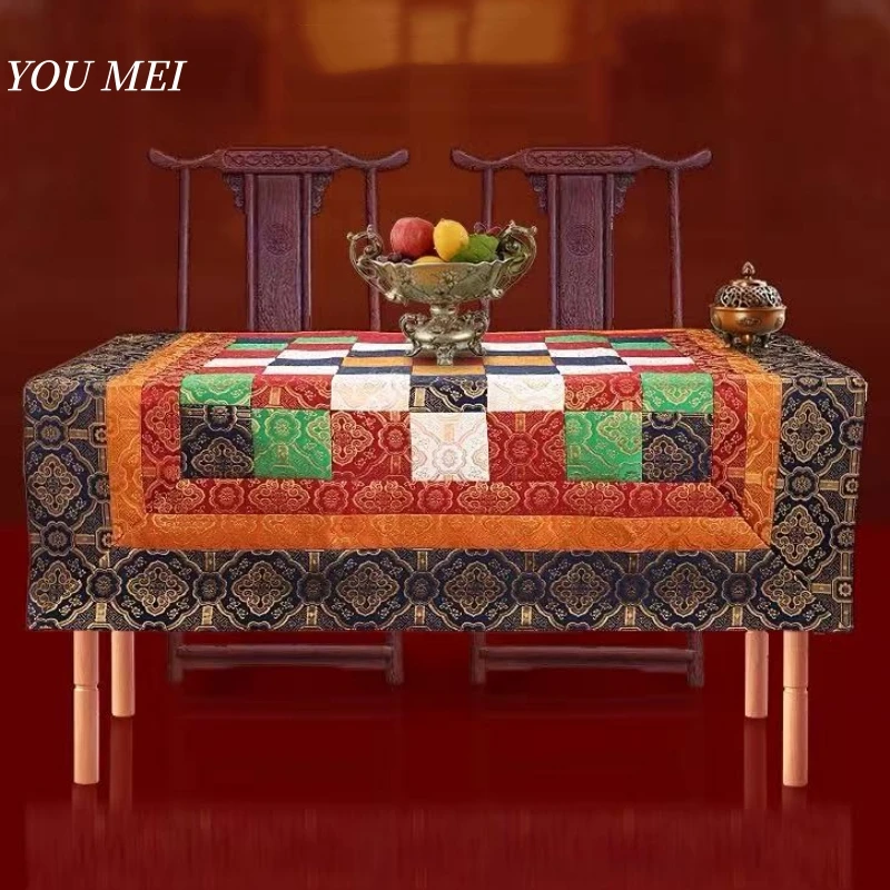

Tibetan-Style Mat,Buddhist Hall Tri-Color Patchwork Auspicious Altar Cloth,Embroidered Offering Table Ritual Mat Buddhist Item