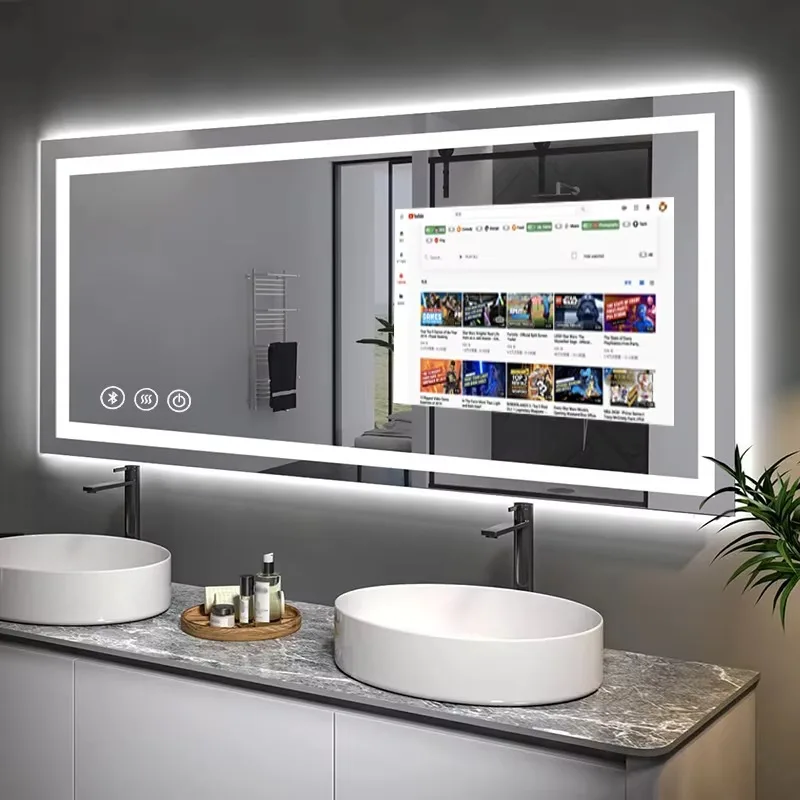 

[Hot Sale] Popular Modern Android System Rectangle Touch Screen Bathroom Smart Mirror TV Full Functions Led Lighting WiFi Blueto