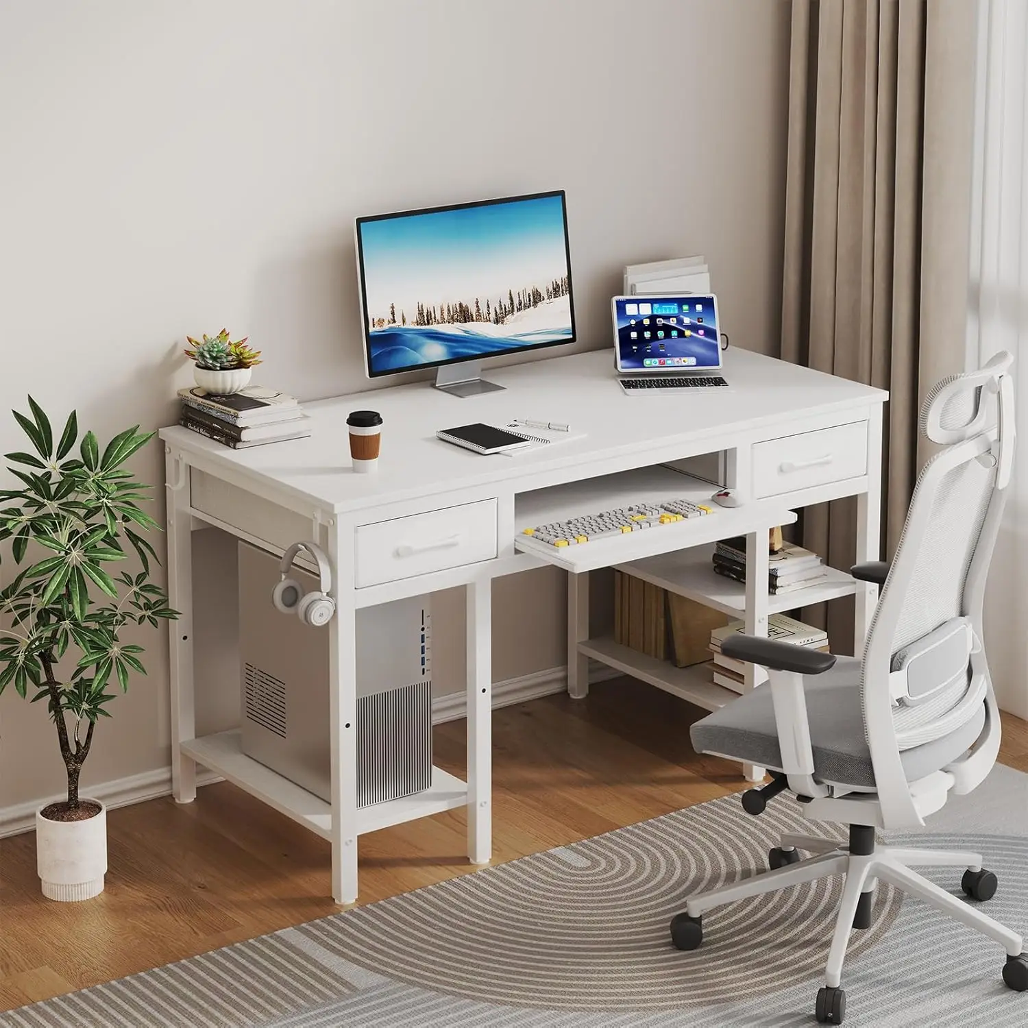 White Desk with Keyboard Tray Slide Out, 47 Inch Home Office Computer Desks with Fabric Drawers & Storage Shelves