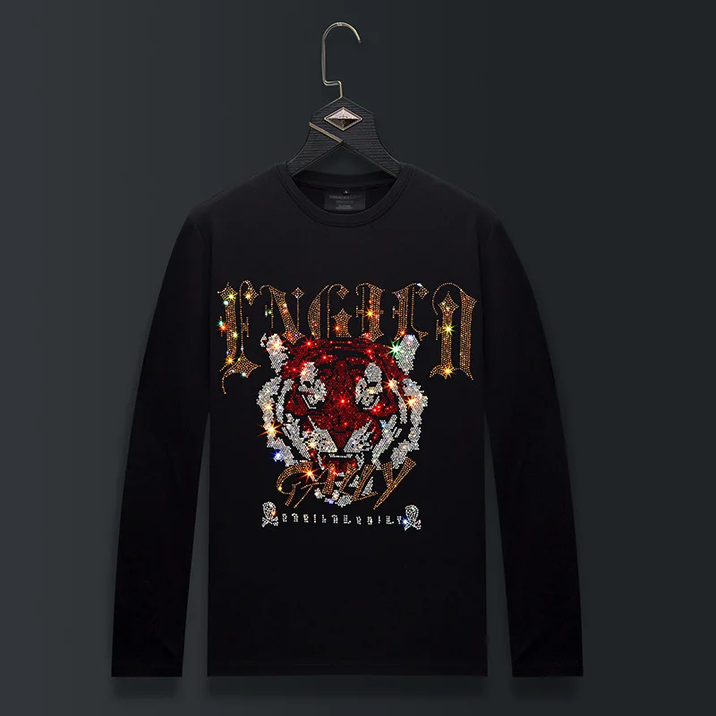 

Тонкие футболки больших размеров с круглым вырезом и длинными рукавами, мужская модная уличная одежда, хлопковые футболки из модала с рисунком тигра и стразами, мужская одежда