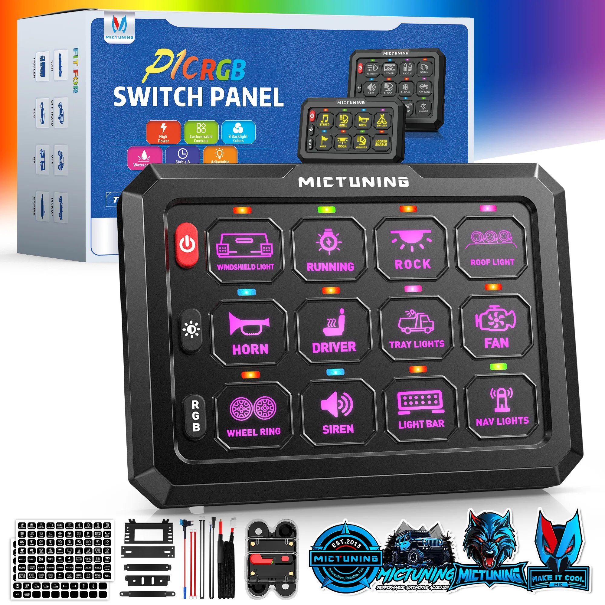 

8/12 Control Panel Multi-Function Electronic Relay RGB Switch Panel For Truck ATV UTV Car Boat 960W (12V) 1920W (24V)