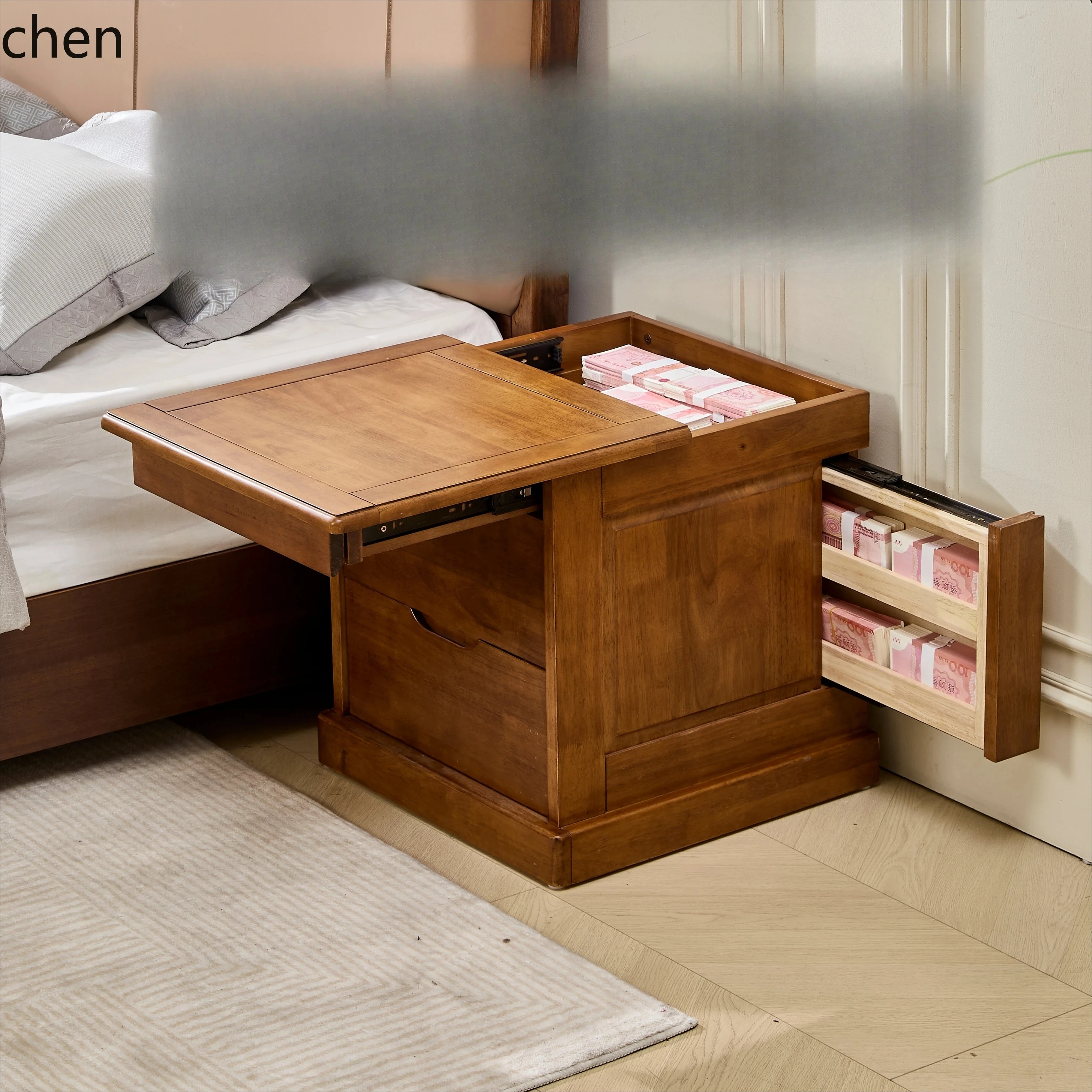 A3-5 double hidden compartment pure solid wood design large capacity storage bedside safe integrated