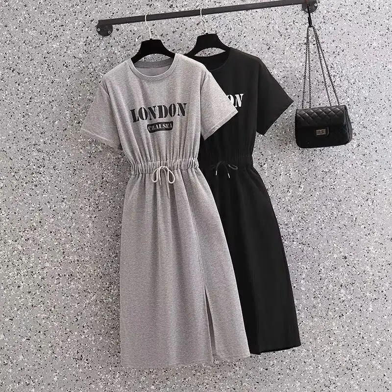 Summer Letter Printing Pleated Lacing Midi Dress Round Neck Short Sleeve Loose Casual Dresses Fashion Simplicity Women Clothes