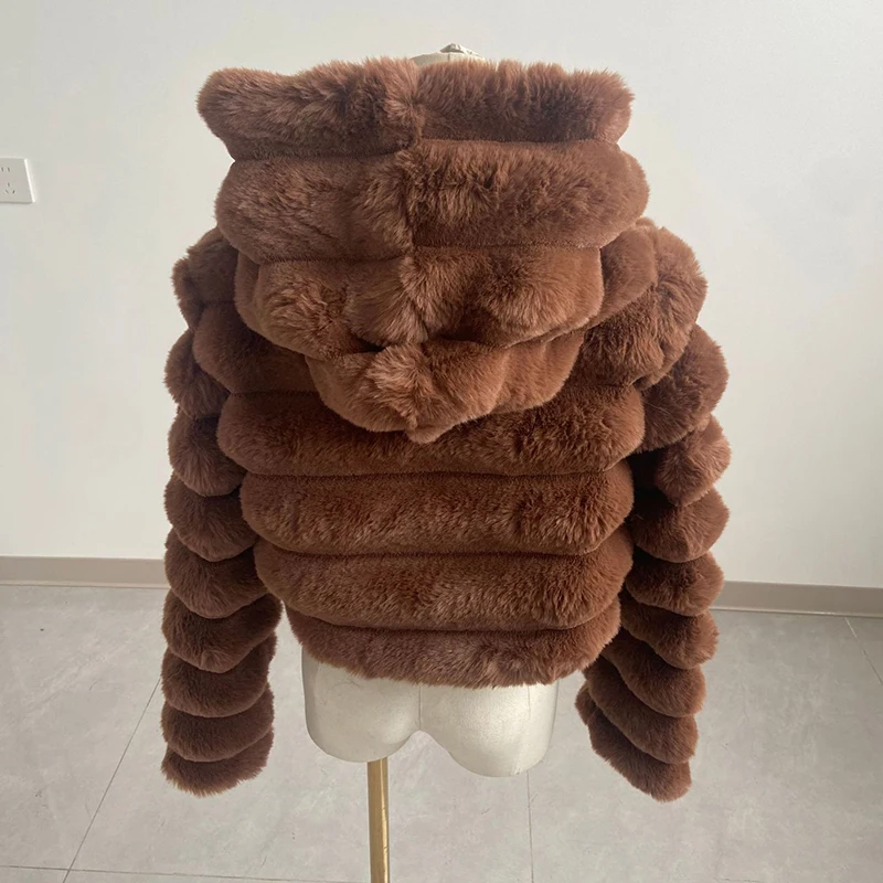 Soft Cozy Plush Faux Rabbit Fur Hooded Coat for Women Horizontal Cropped Padded Jacket Women Winter Casual Zipper Warm Outerwear