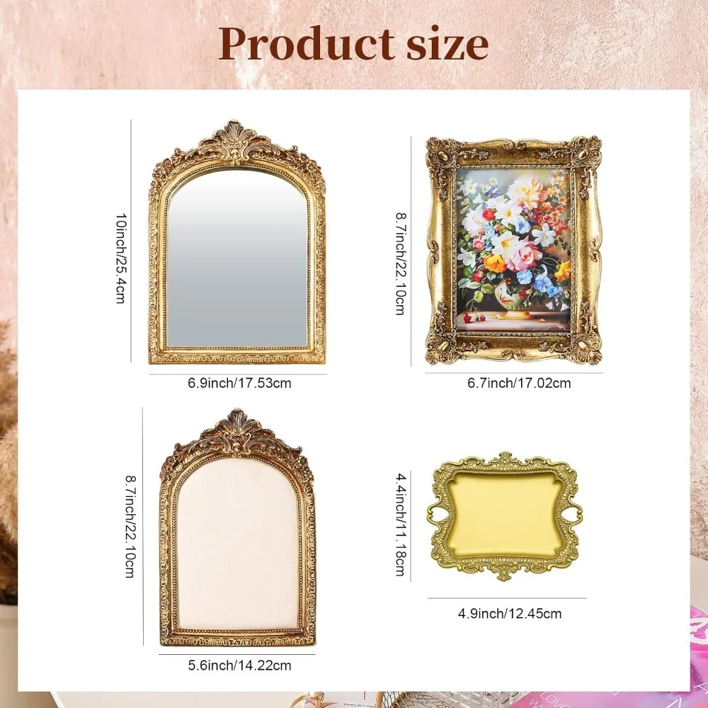 طقم فانيتي عتيق مكون من 4 قطع، مرآة ذهبية عتيقة، إطار راتينج قديم، منظم مجوهرات لديكور غرفة النوم