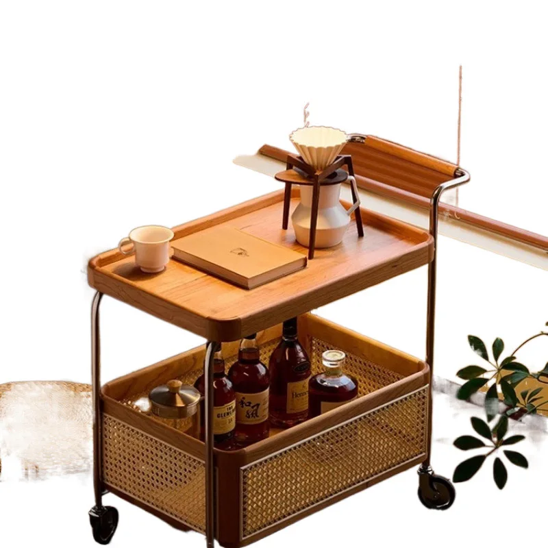 

Medieval mobile solid wood storage living room sofa rattan coffee table side cabinet, storage bedroom