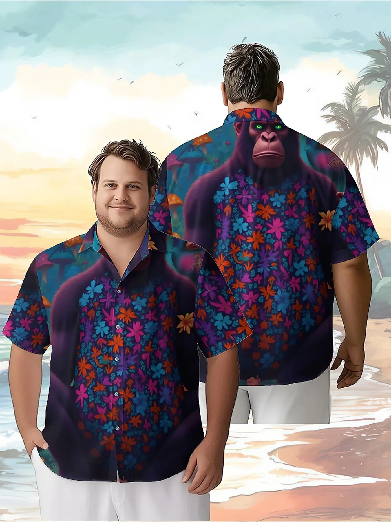 Men's Plus Size Hawaiian Shirts Purple Gorilla and Mushroom World Pattern,Unisex Baggy Aloha Shirts,Alternative Clothing