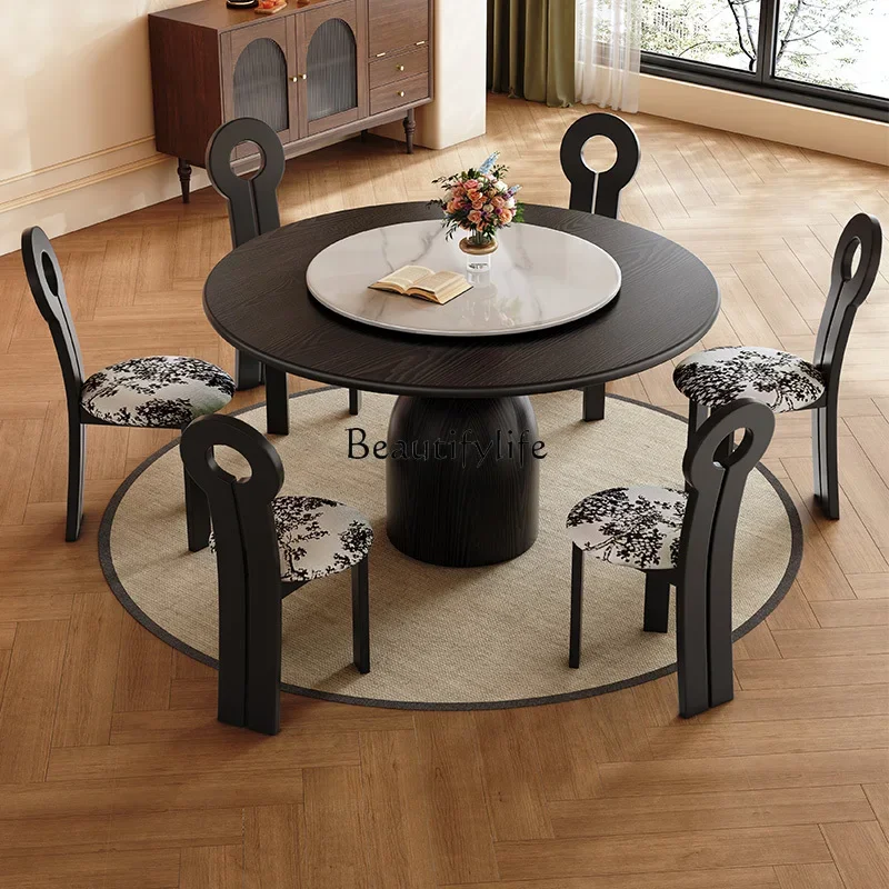 Black retro style solid wood round dining table French medium and ancient style rock slab round table with turntable