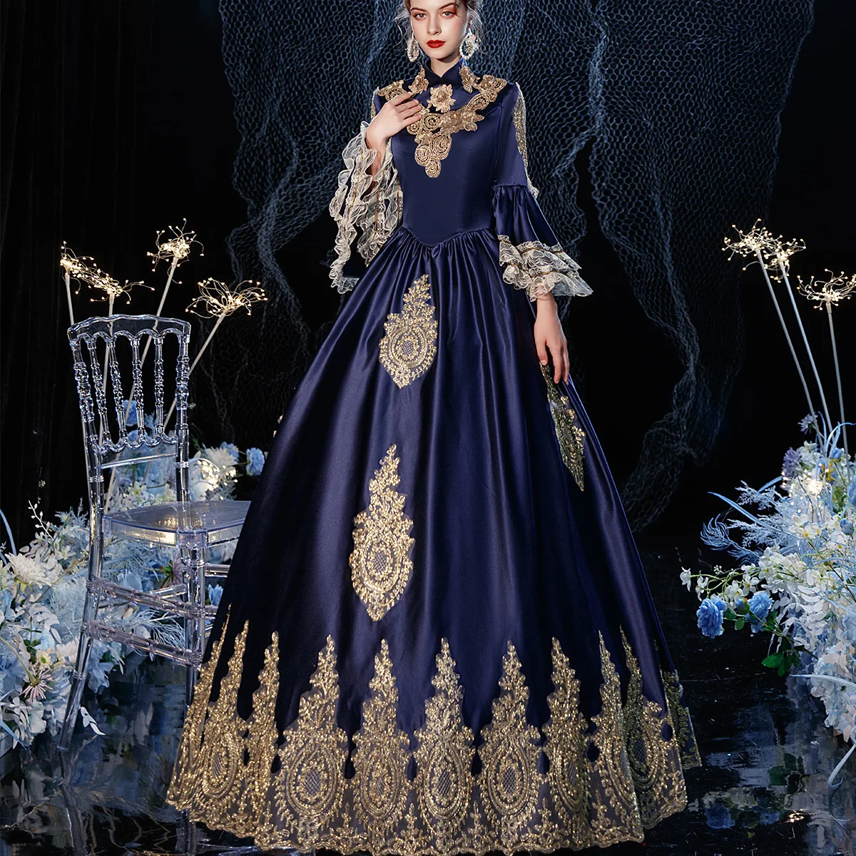 Abito da corte retrò medievale blu navy Fotografo femminile aristocratico Regina femminile Inghilterra Cena di lusso Vestido Festa Luxuoso