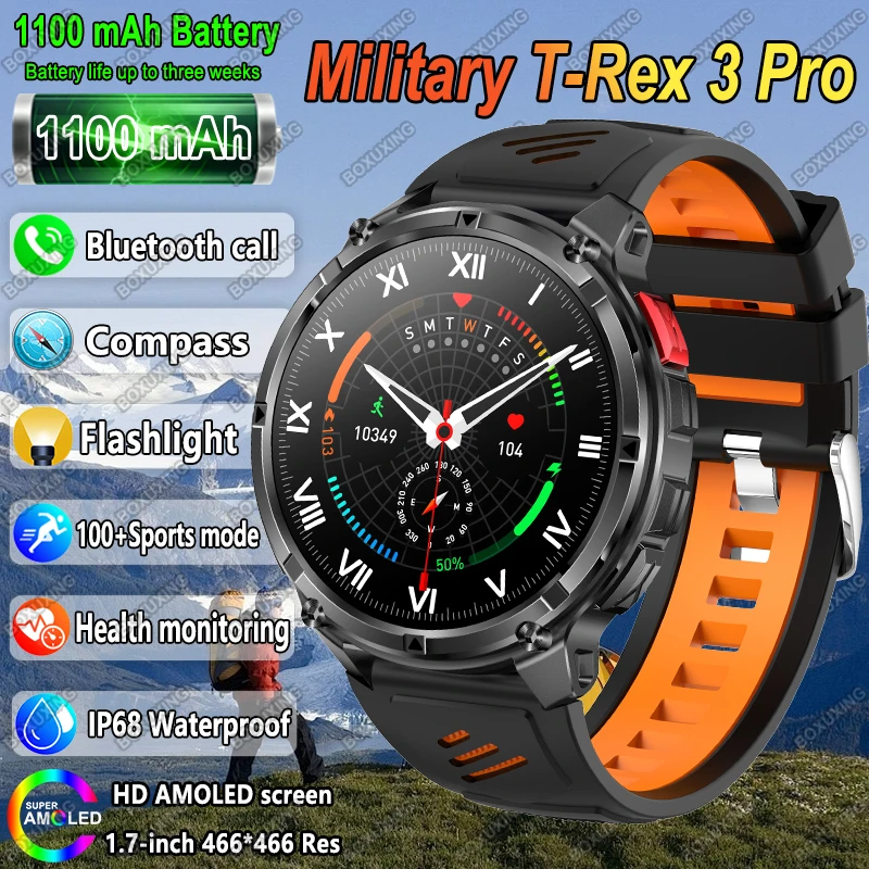 

2025 New Military T-Rex 3 Smart Watch Men 1100mAh Battery AMOLED Outdoor Compass Bluetooth Call IP68 Waterproof Sport Smartwatch