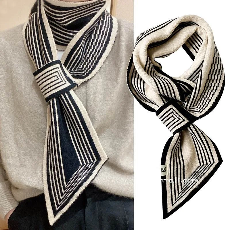 Warm Winter Knitted Neck Tie Checker Leopard Scarf for Women Houndstooth Zebra Pattern Neckerchief Skinny Small Lady Scarf 2024