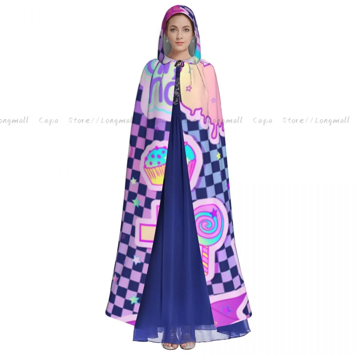 Adult Halloween Colorful Candies Sweets Rainbow Icecream Gothic Style Cloak Cape Hooded Medieval Costume Full Length Dress Coat