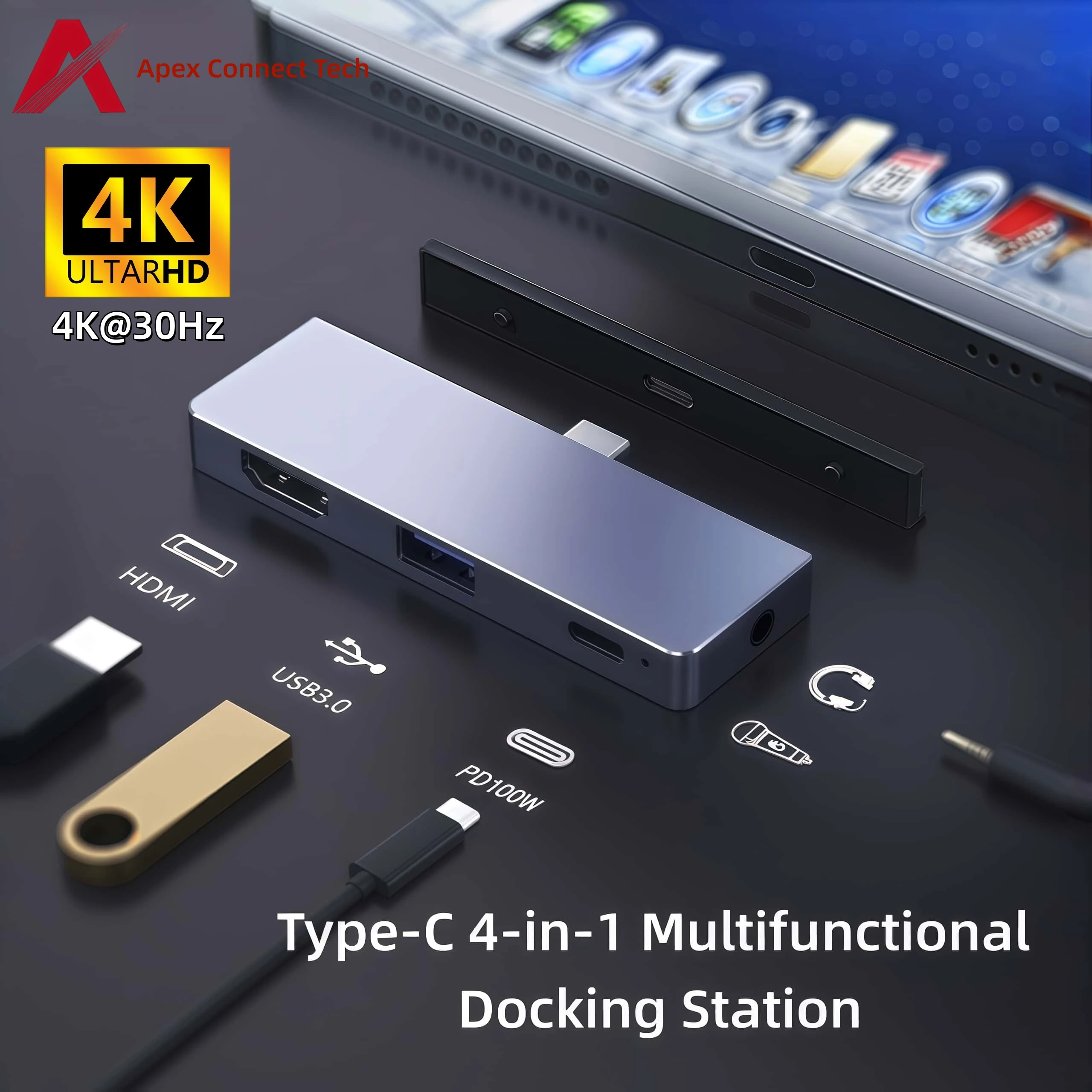 

USB Hub 3.0 Powered 5Gbps 4 in 1 PD100W USB C to 4K HDMI Audio Jack Type C Splitter Adapter Docking Station for MacBook iPad Pro