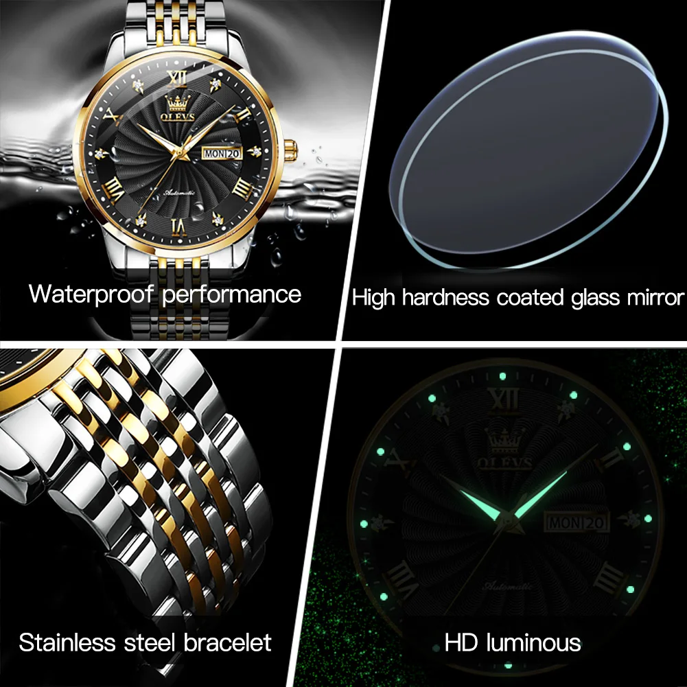 OLEVS Watch for Men 100% Original Automatic Mechanical Man Watches Steel Strap Waterproof Wristwatches Men\'s Luxury Brand Watch