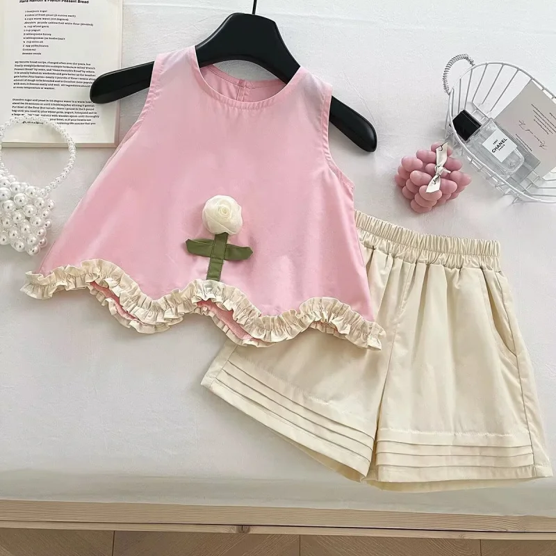 

Summer Girls' Outfit2025New Sleeveless Flower Vest Shirt Lace Shorts Little Girl Two Piece Suit