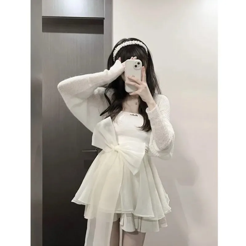 Sweet Cardigan Sling Puffy Skirt Three Piece Set Women Korean Bow Splice Sequined Fashion Mesh Spicy Solid Slim Summer Chic Suit