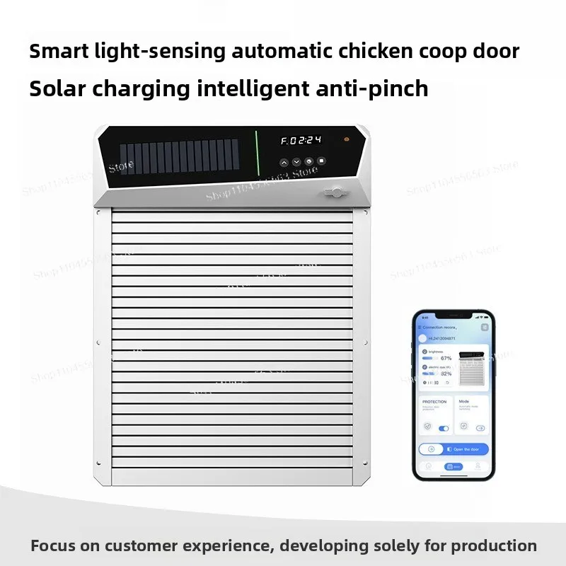 

Solar-Powered Auto-Light Sensing Chicken Coop Door – APP Bluetooth Control Roll-Up Door with Anti-Pinch (Battery Storage)