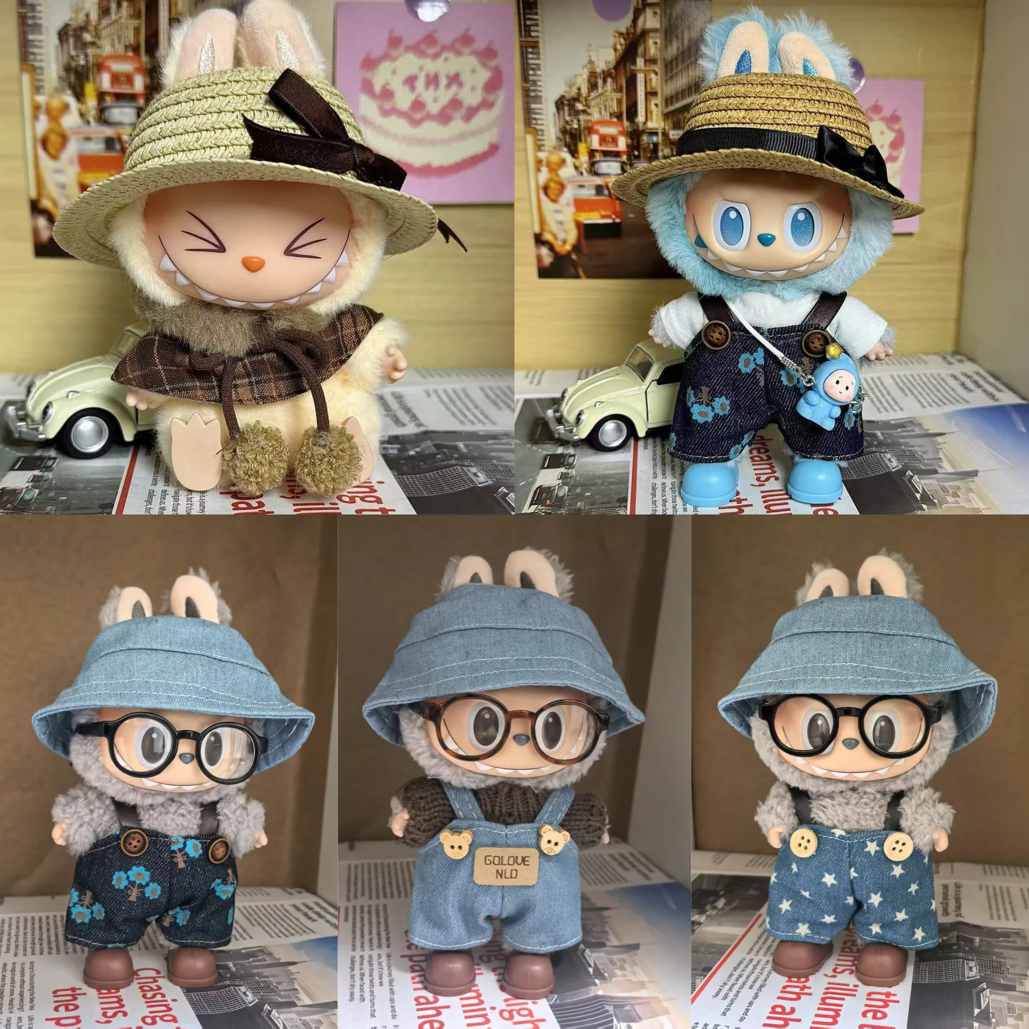 

15/17cm Labubu Doll Clothes 1st/2nd/3rd Gen Fit Overalls Fisherman Hat Straw Hat Glasses Colorful Shoes Set For Labubu Decor