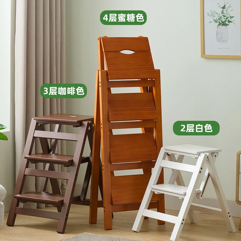 Household Storage Ladder Chair Dual-purpose Ladder Stool  Multi-functional Climbing Tread Stairs Solid Wood Folding Ladder