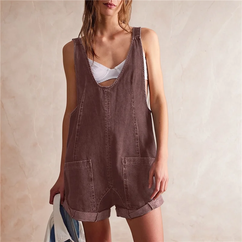CYL-ملابس نسائية قصيرة كاجوال صيفية رومبير رقبة على شكل V بدون أكمام بذلة قصيرة فضفاضة #5