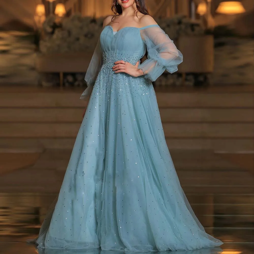 

Customized Lantern Sleeve A Line Evening Dress with Beaded Sweetheart Off the Shoulder Semi Formal Dresses Blue Tulle Soft Gown