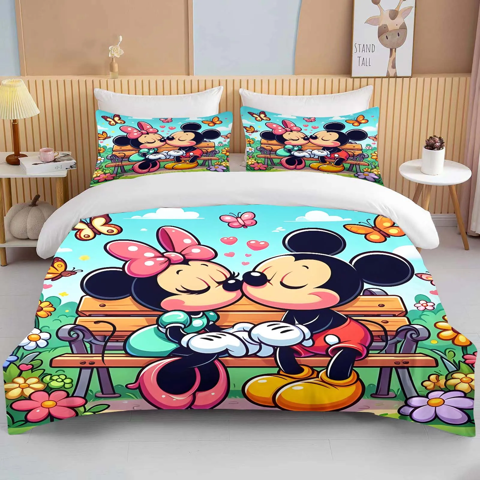 10 Maat Disney Mickey Mouse Minnie Love Print Beddengoed Set Cartoon Dekbedovertrek Dekbedovertrek Kussensloop Jongens Meisjes Kinderen Volwassenen Koning