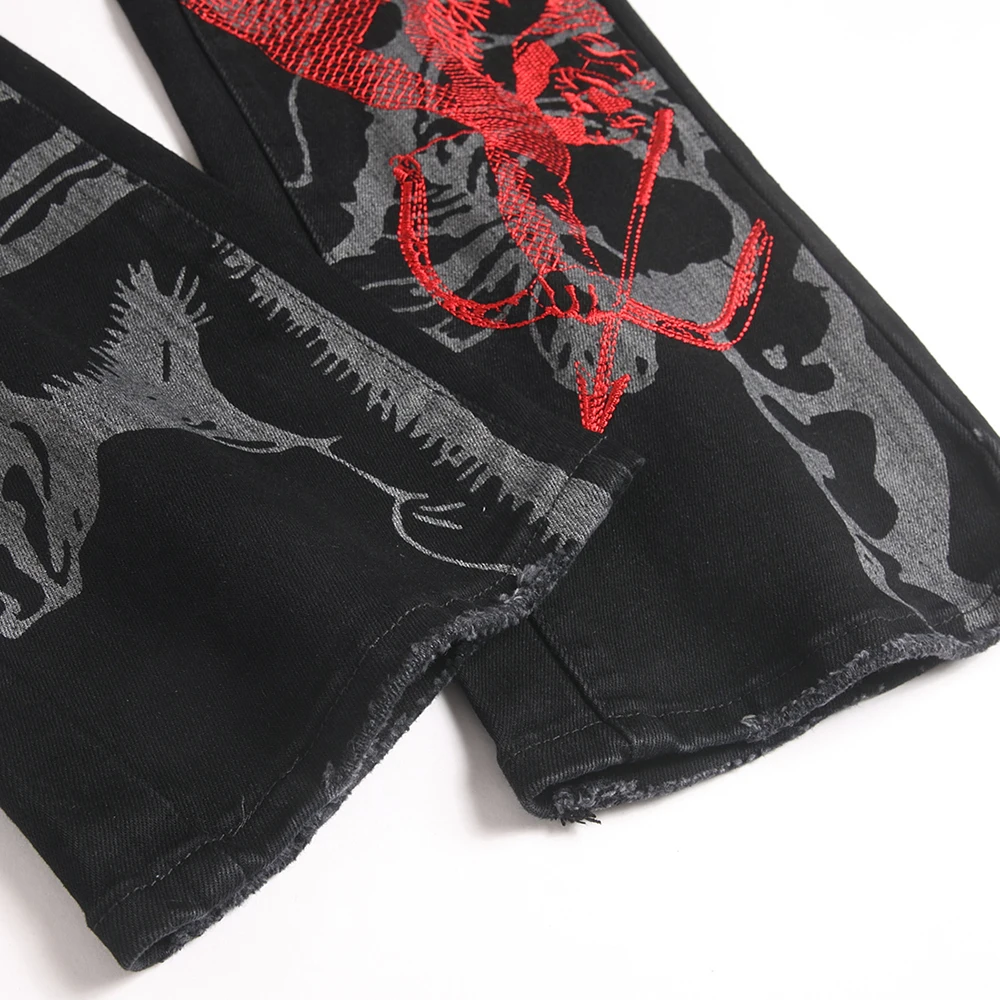 Men's Embroidery Printed Denim Jeans Streetwear Black Stretch Spandex Pants Slim Boot Cut Flared Trousers view 5