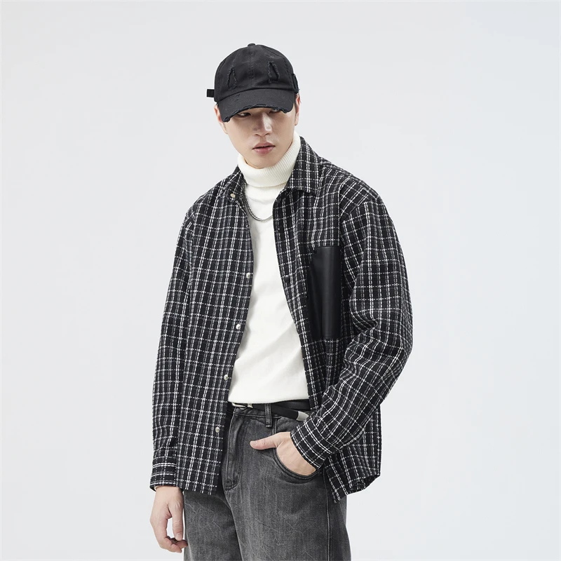 Men Spring Autumn Thicken Plaid Long Sleeve Loose Casual Plus Size Splice Leather Pocket Shirts Cardigan Man Blouses Outerwear