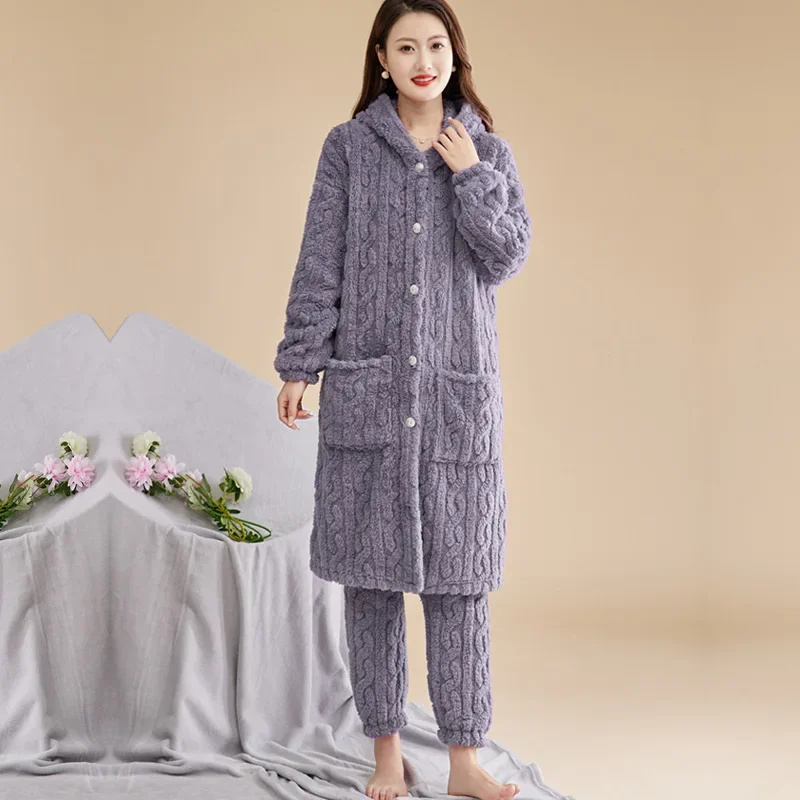 Women's Pajama Set Winter Fleece Long Sleeve Warm Ladies 2 Pcs Bathrobe and Pant Thick Hooded Loose Home Clothes for Female