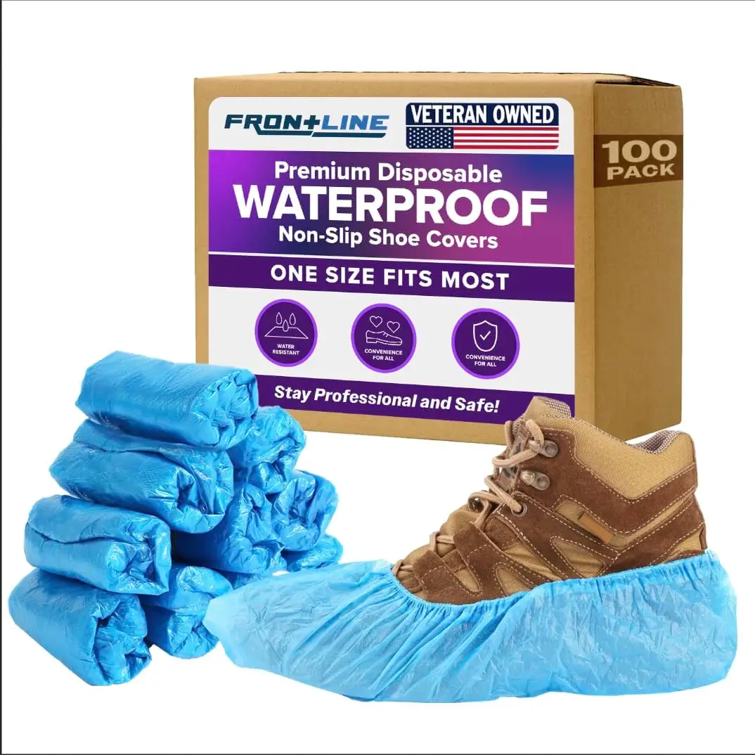 

100 Pack Disposable Waterproof Shoe Covers Non Slip Recyclable CPE Booties One Size Fits Most Up to Size 13 Men 15 Women