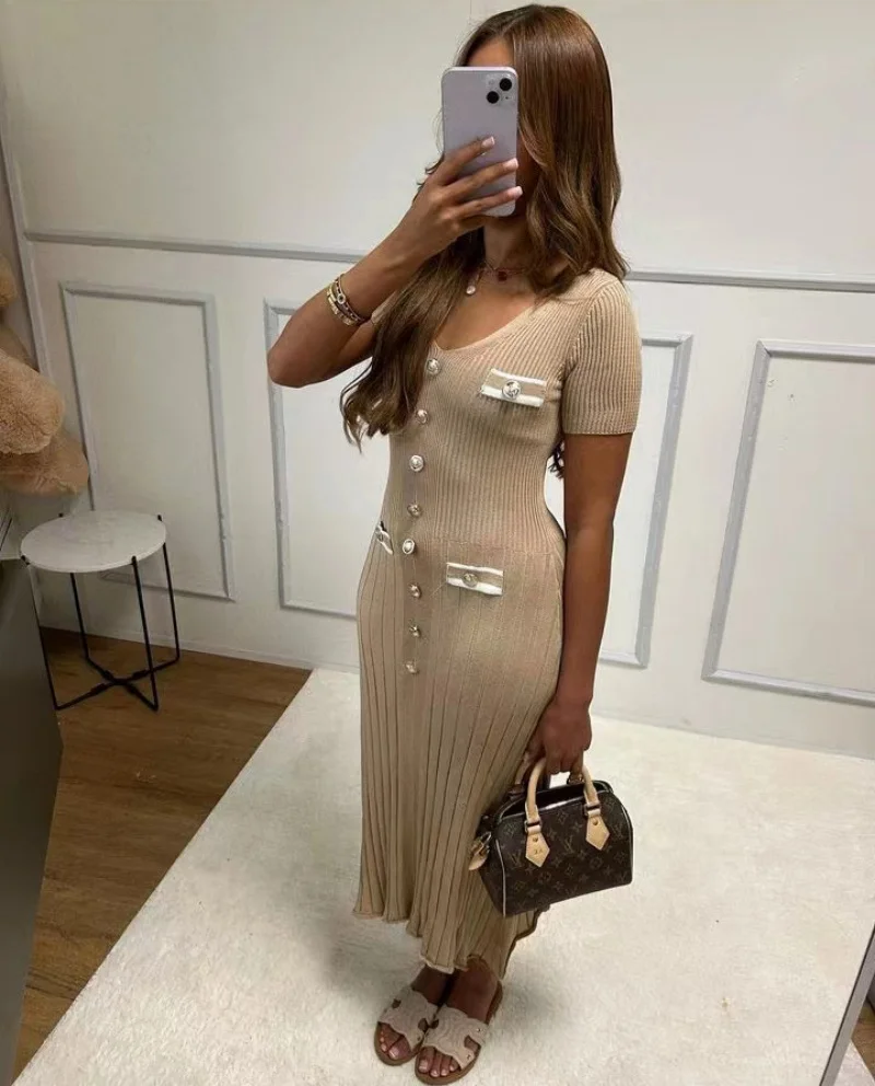 Eleganckie, dzianinowe sukienki maxi Bodycon z krótkim rękawem, falbankami, jednorzędowe, 2025, nowa sukienka Casual Communte Streetwear Vestidos
